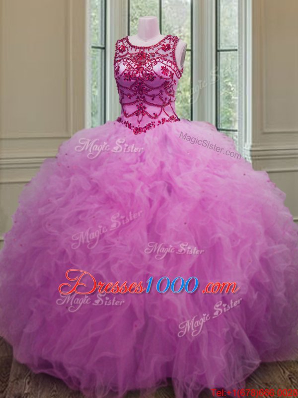 Scoop Floor Length Lace Up Sweet 16 Dresses Lilac and In for Military Ball and Sweet 16 and Quinceanera with Beading and Ruffles