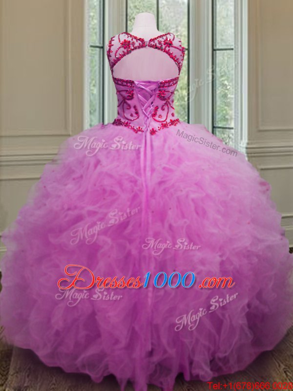 Scoop Floor Length Lace Up Sweet 16 Dresses Lilac and In for Military Ball and Sweet 16 and Quinceanera with Beading and Ruffles