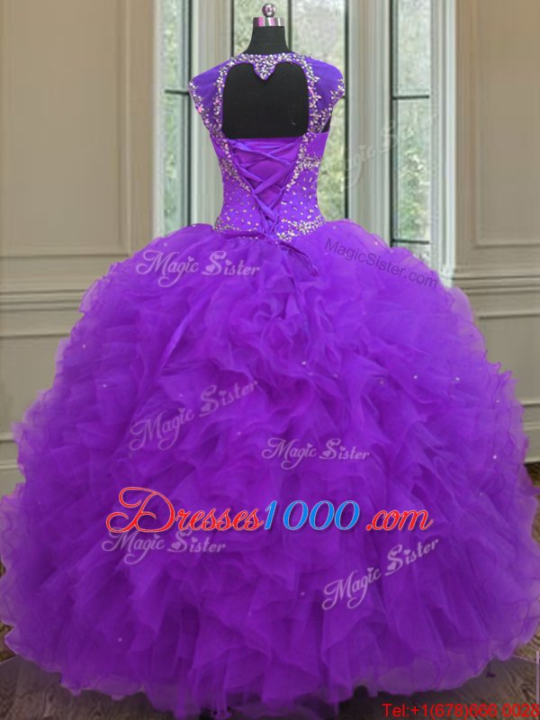 Vintage Straps Straps Cap Sleeves Floor Length Lace Up 15 Quinceanera Dress Purple and In for Military Ball and Sweet 16 and Quinceanera with Beading and Ruffles and Sequins