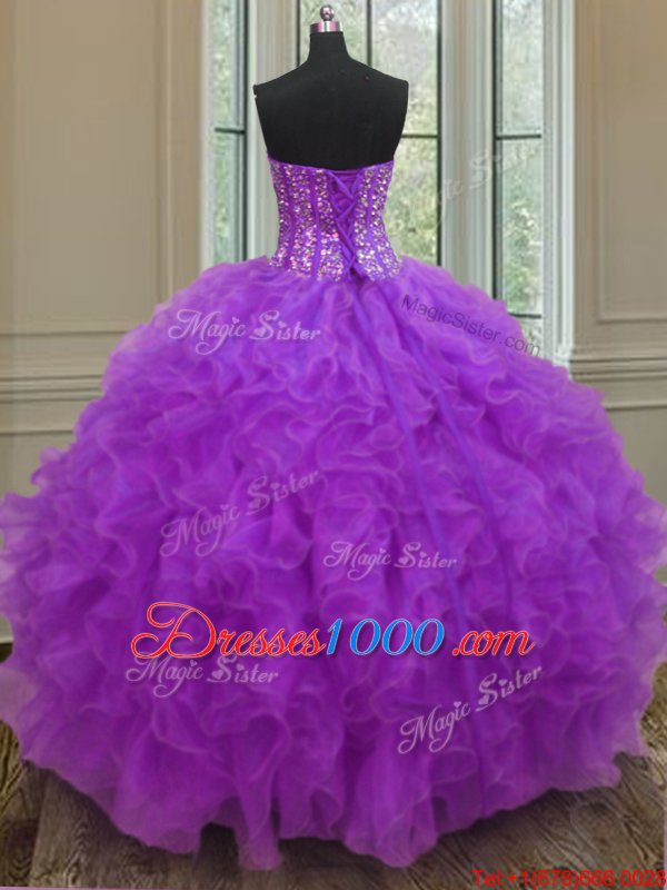 Fantastic Purple Quinceanera Dresses Military Ball and Sweet 16 and Quinceanera and For with Beading and Ruffles Sweetheart Sleeveless Lace Up