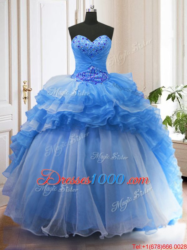 Ruffled With Train Ball Gowns Sleeveless Blue Sweet 16 Dress Sweep Train Lace Up