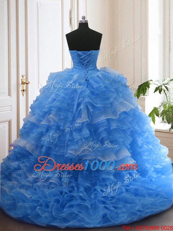 Ruffled With Train Ball Gowns Sleeveless Blue Sweet 16 Dress Sweep Train Lace Up