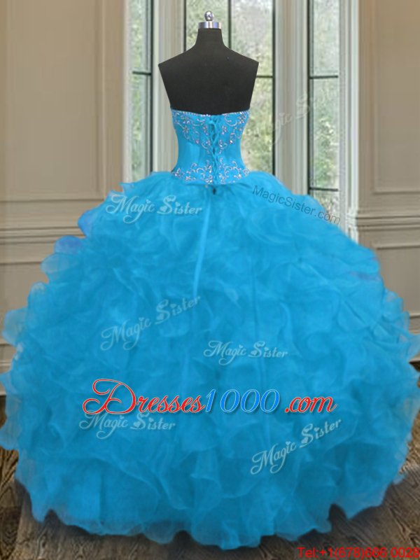 Pretty Beading and Ruffles Quinceanera Gowns Blue Lace Up Sleeveless