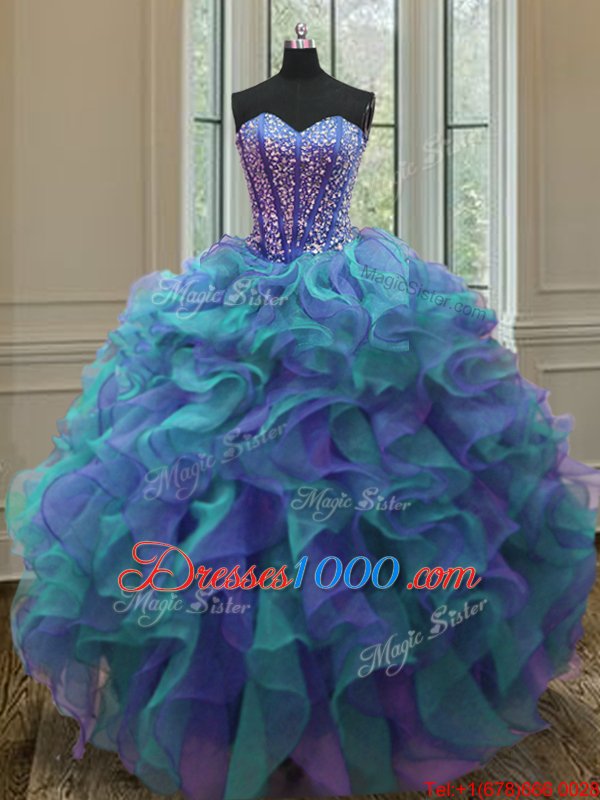 Sweetheart Sleeveless Quince Ball Gowns Floor Length Beading and Ruffles Multi-color Organza