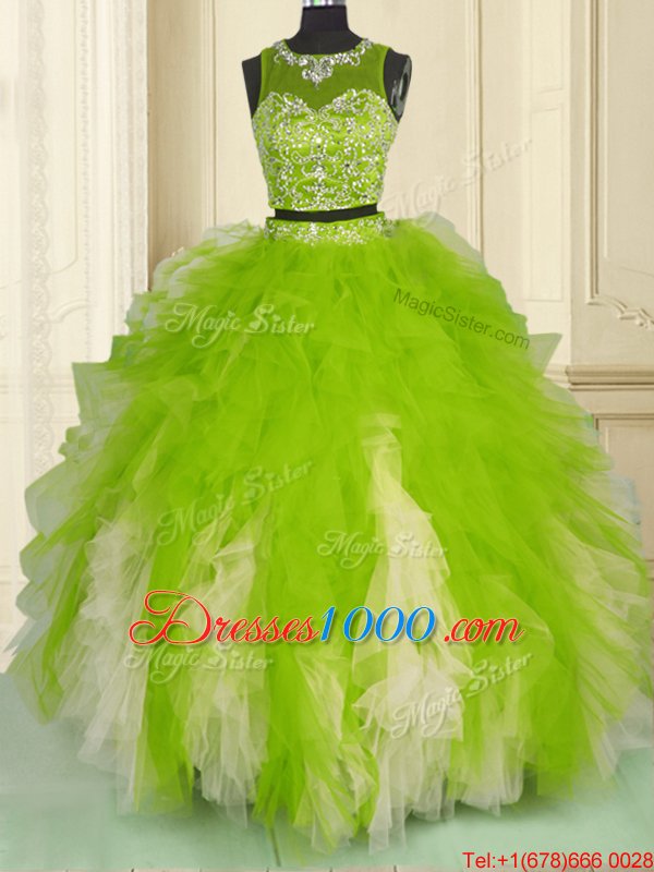 Scoop Floor Length Zipper Quinceanera Gowns Multi-color and In for Military Ball and Sweet 16 and Quinceanera with Beading and Ruffles