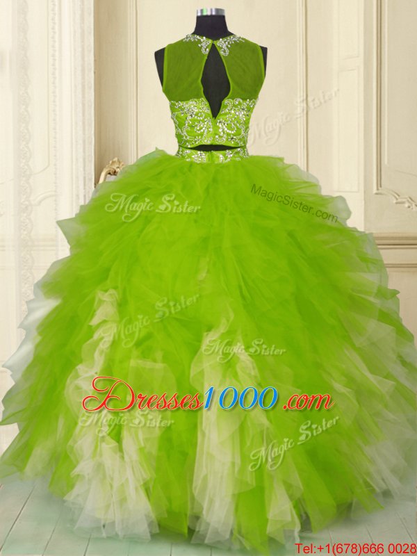 Scoop Floor Length Zipper Quinceanera Gowns Multi-color and In for Military Ball and Sweet 16 and Quinceanera with Beading and Ruffles