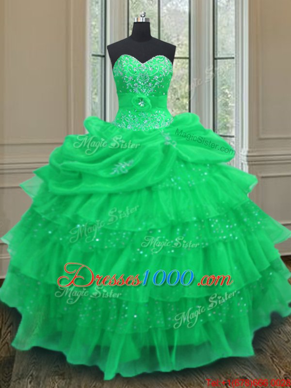 Pick Ups Ruffled Floor Length Green Sweet 16 Dress Halter Top Sleeveless Lace Up