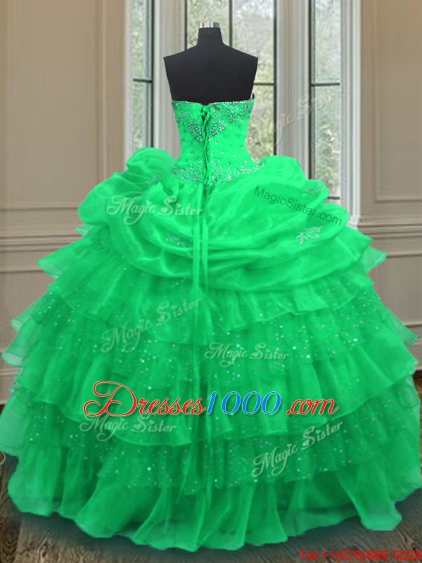 Pick Ups Ruffled Floor Length Green Sweet 16 Dress Halter Top Sleeveless Lace Up
