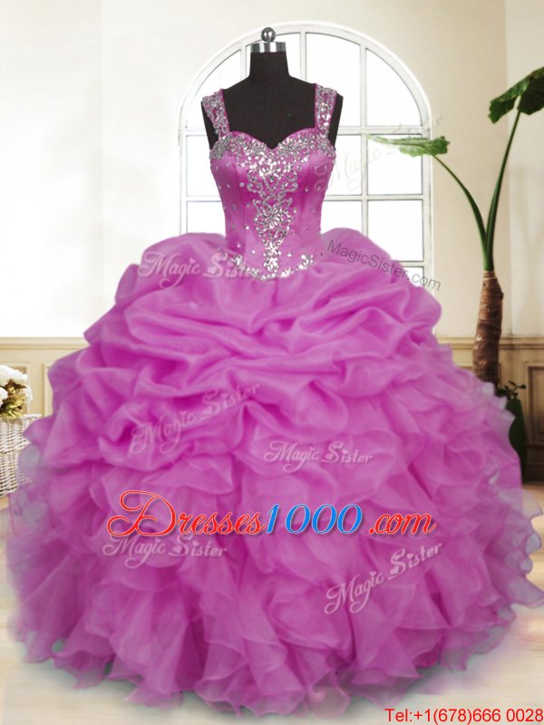 Custom Fit Lilac Straps Neckline Beading and Ruffles and Pick Ups Vestidos de Quinceanera Sleeveless Zipper