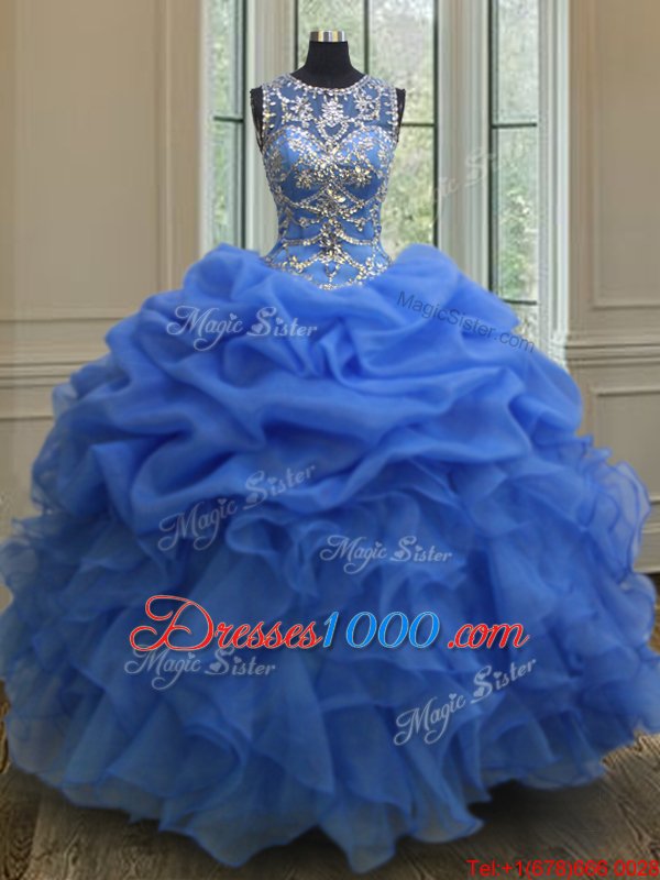 Elegant Ball Gowns Scoop Sleeveless Organza Floor Length Lace Up Beading and Ruffles and Pick Ups Sweet 16 Dress