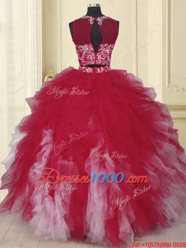 White And Red Ball Gowns Beading and Ruffles 15 Quinceanera Dress Lace Up Organza Sleeveless Floor Length