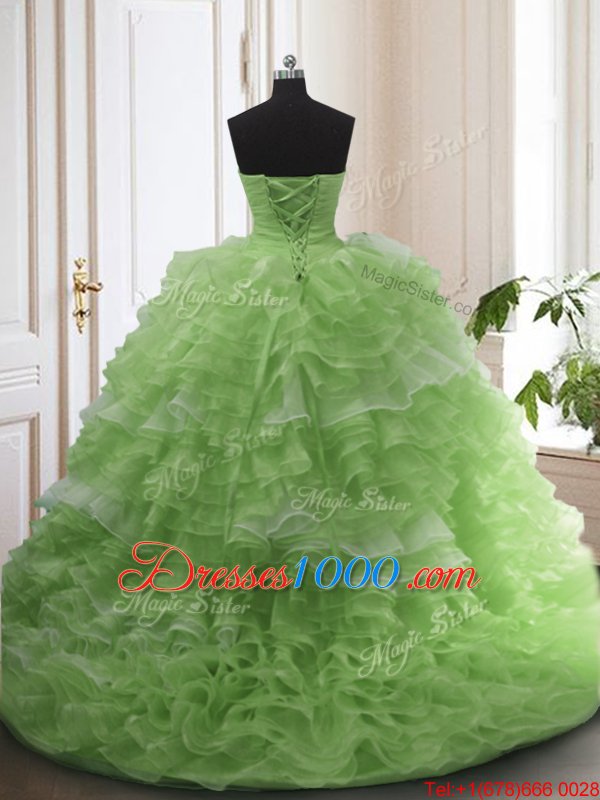 High Quality Organza Sweetheart Sleeveless Court Train Lace Up Beading and Ruffled Layers Ball Gown Prom Dress in