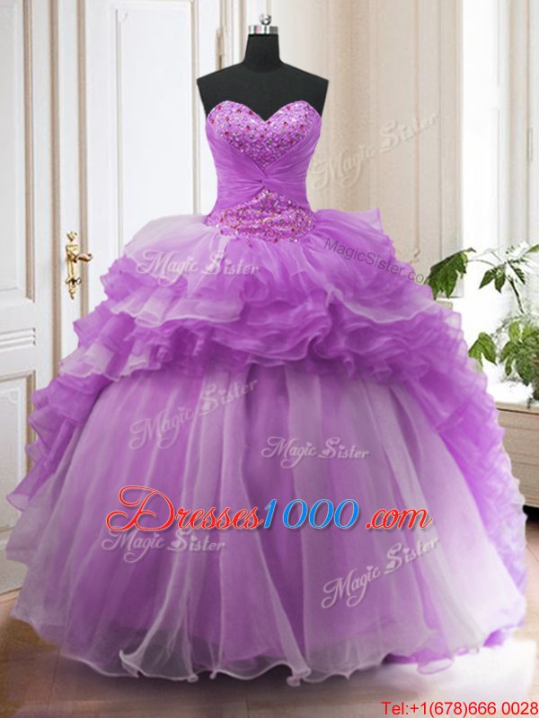 Sleeveless Organza Sweep Train Lace Up Vestidos de Quinceanera in Purple for with Beading and Ruffled Layers