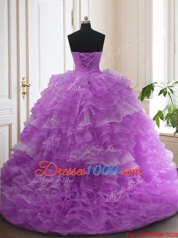 Sleeveless Organza Sweep Train Lace Up Vestidos de Quinceanera in Purple for with Beading and Ruffled Layers