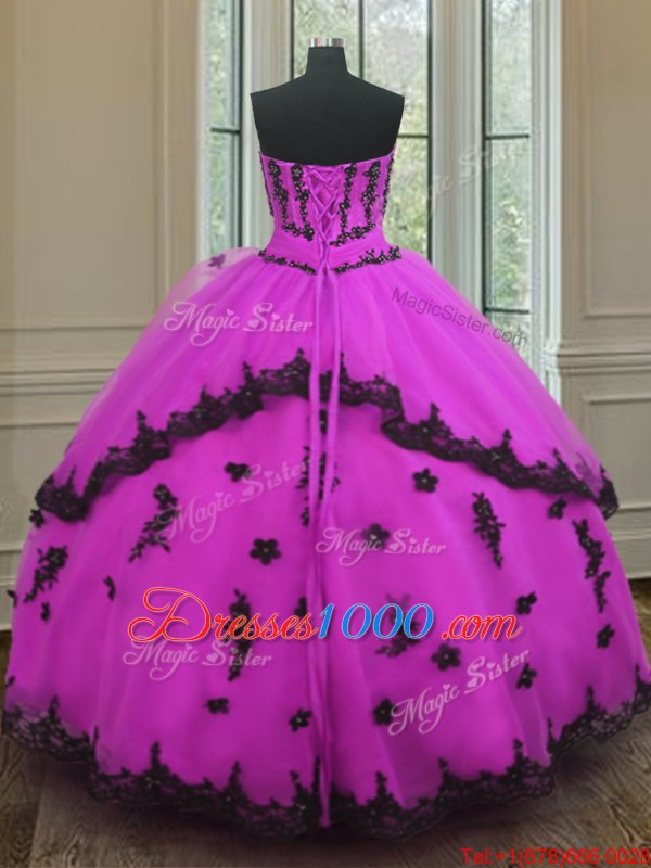 Fuchsia Lace Up Strapless Appliques Quince Ball Gowns Tulle Sleeveless