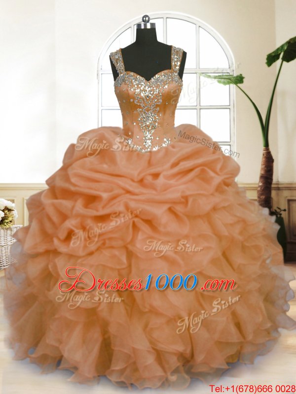 Best Selling Floor Length Orange Quinceanera Dresses Organza Sleeveless Beading and Ruffles and Pick Ups