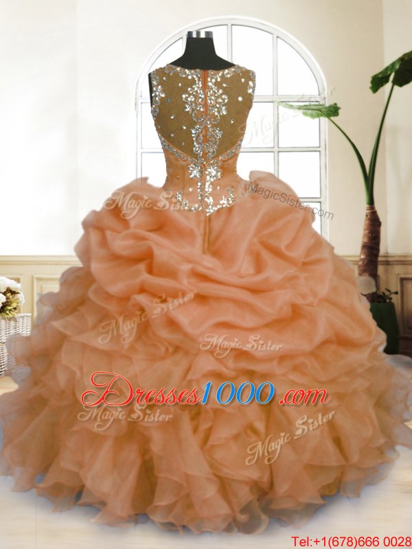 Best Selling Floor Length Orange Quinceanera Dresses Organza Sleeveless Beading and Ruffles and Pick Ups