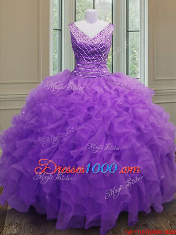 Purple V-neck Zipper Beading and Ruffles Sweet 16 Dresses Sleeveless