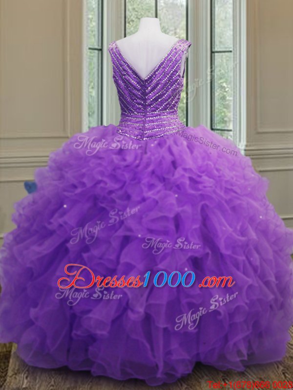 Purple V-neck Zipper Beading and Ruffles Sweet 16 Dresses Sleeveless