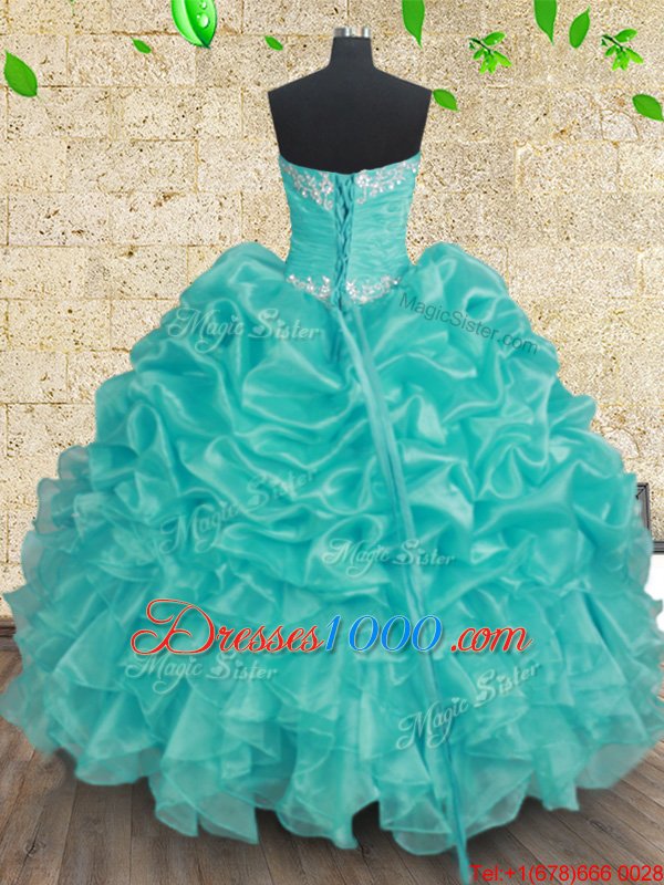 Delicate Beading and Ruffles and Ruching Quince Ball Gowns Aqua Blue Lace Up Sleeveless Floor Length