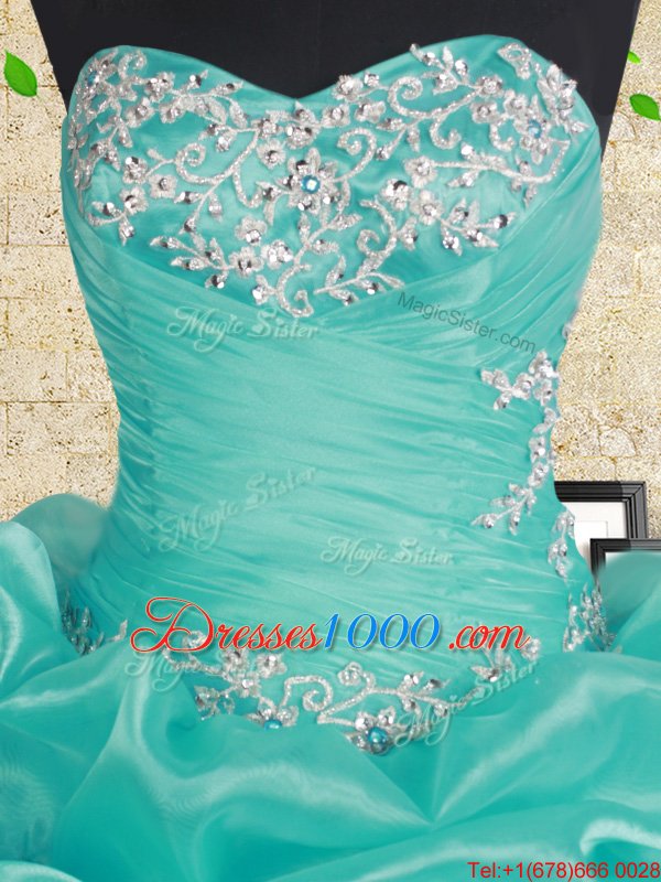 Delicate Beading and Ruffles and Ruching Quince Ball Gowns Aqua Blue Lace Up Sleeveless Floor Length