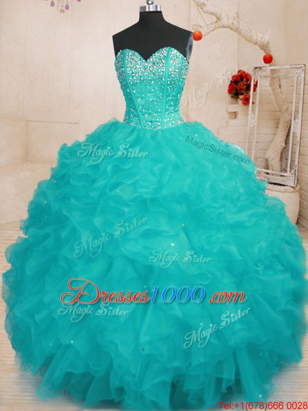 Chic Floor Length Aqua Blue Sweet 16 Dress Sweetheart Sleeveless Lace Up