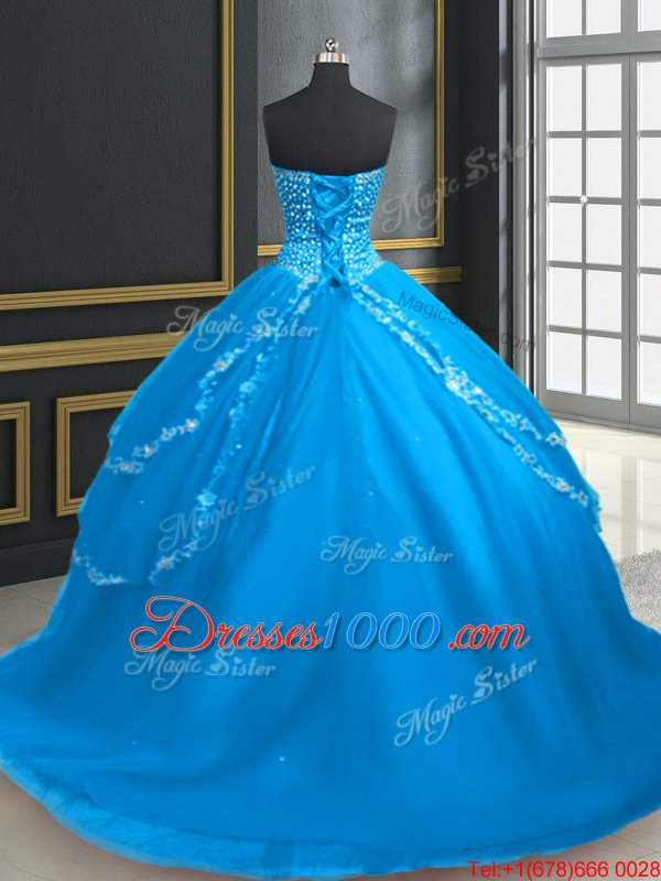 Sleeveless With Train Beading and Appliques Lace Up Quinceanera Dresses with Aqua Blue Brush Train