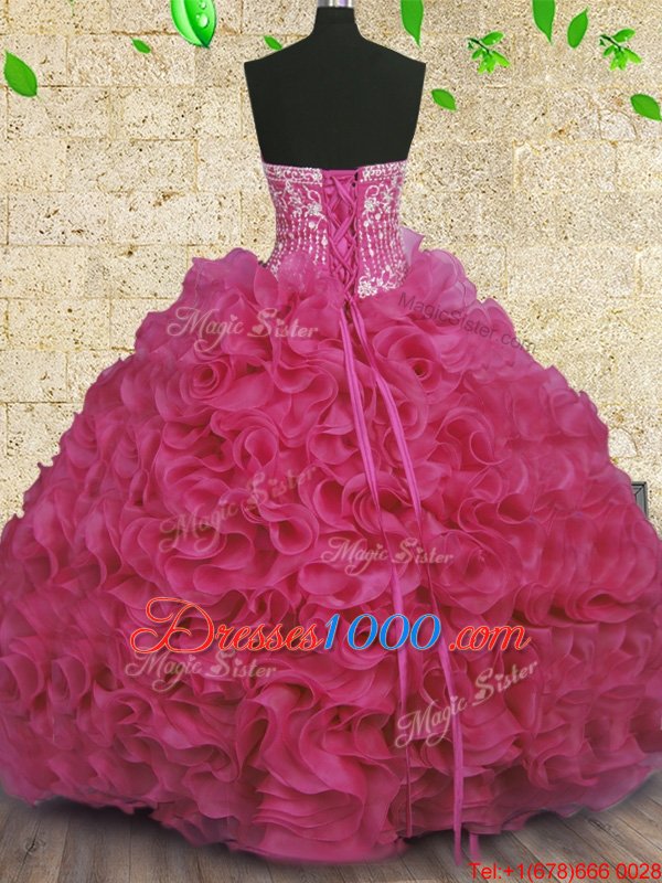 Floor Length Hot Pink Sweet 16 Dress Organza Sleeveless Beading and Ruffles