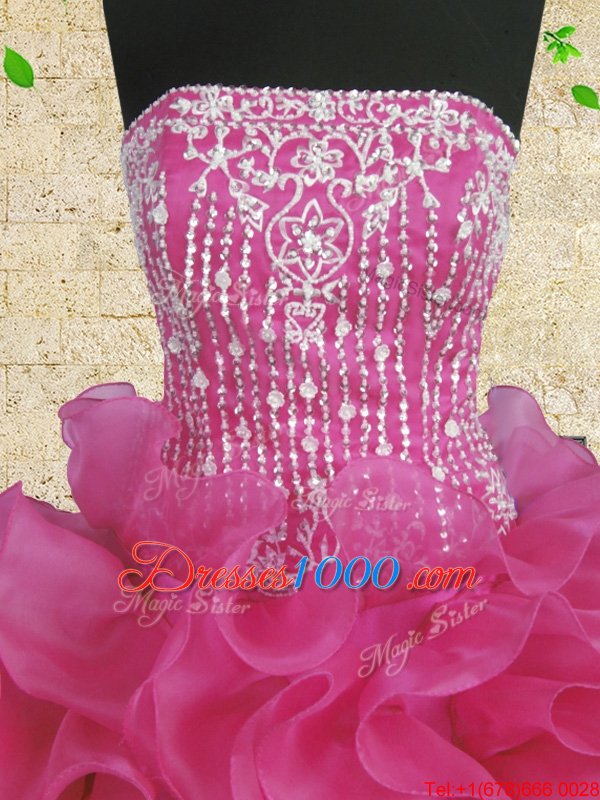 Floor Length Hot Pink Sweet 16 Dress Organza Sleeveless Beading and Ruffles