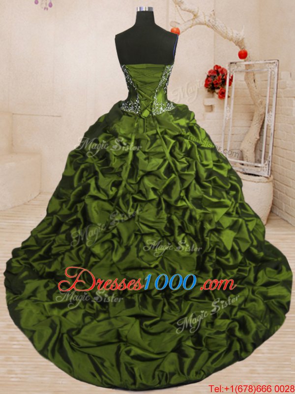 Chic Beading and Appliques and Ruffled Layers and Pick Ups Sweet 16 Quinceanera Dress Olive Green Lace Up Sleeveless With Train Sweep Train