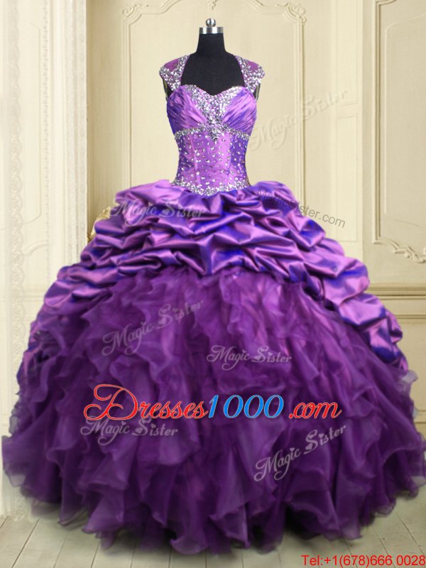 Stunning Organza and Taffeta Cap Sleeves With Train Sweet 16 Dresses Brush Train and Beading and Ruffles and Pick Ups