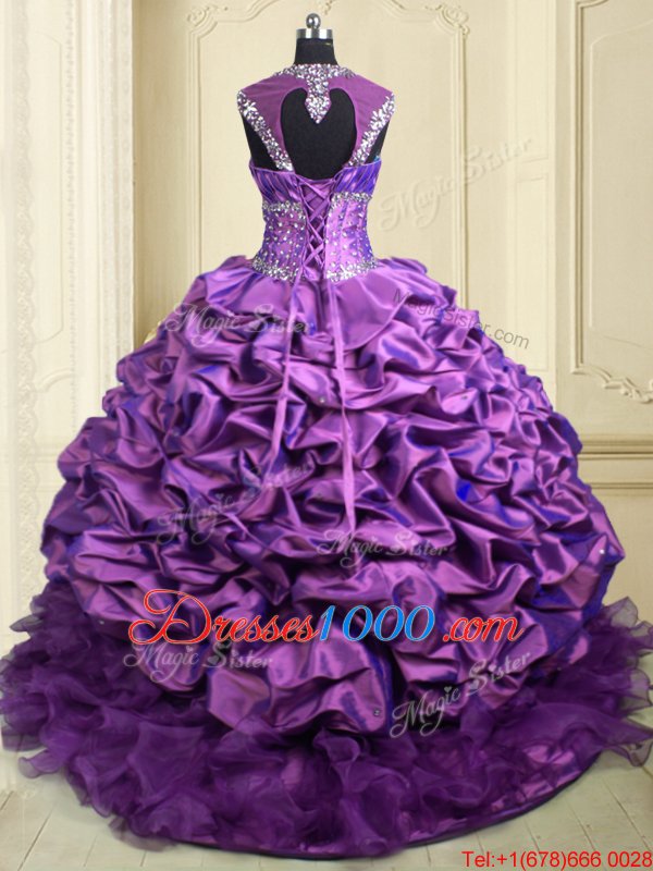 Stunning Organza and Taffeta Cap Sleeves With Train Sweet 16 Dresses Brush Train and Beading and Ruffles and Pick Ups