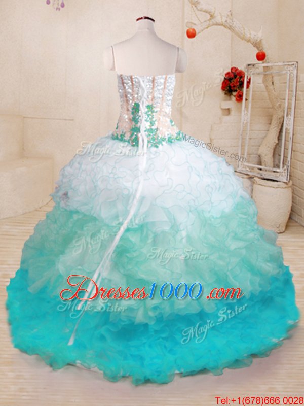 Top Selling Multi-color Organza Lace Up Sweetheart Sleeveless With Train Quinceanera Dress Brush Train Beading and Appliques and Ruffles