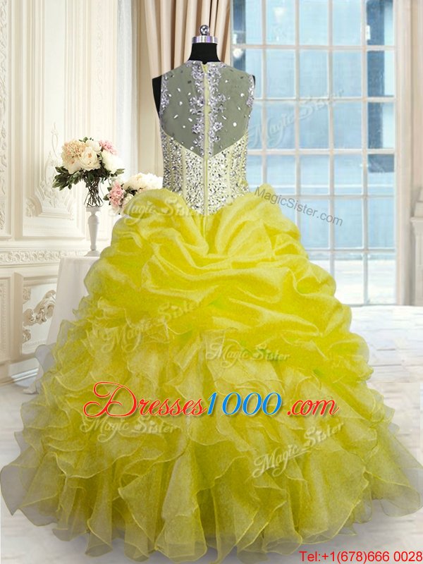 Admirable Organza Straps Sleeveless Zipper Beading and Ruffles Quinceanera Gown in Yellow