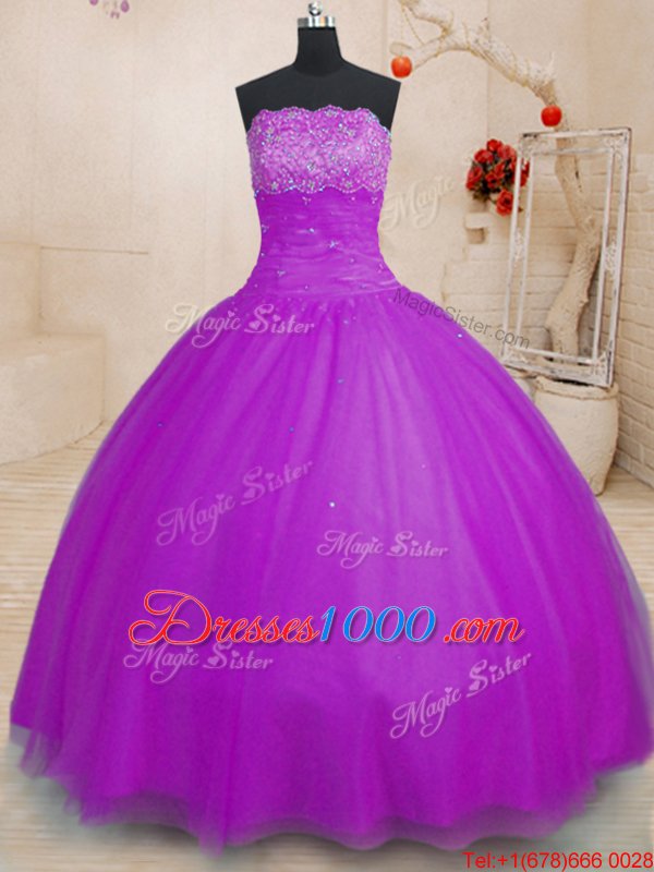 Charming Purple Ball Gowns Strapless Sleeveless Tulle Floor Length Lace Up Beading Sweet 16 Dress