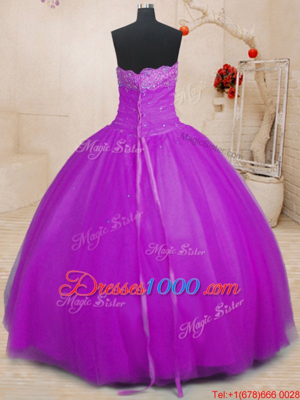 Charming Purple Ball Gowns Strapless Sleeveless Tulle Floor Length Lace Up Beading Sweet 16 Dress
