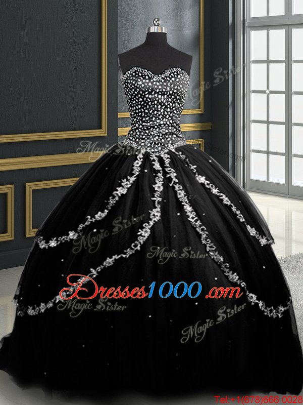 Custom Made Black Tulle Lace Up Sweetheart Sleeveless With Train Quinceanera Dress Brush Train Beading and Appliques
