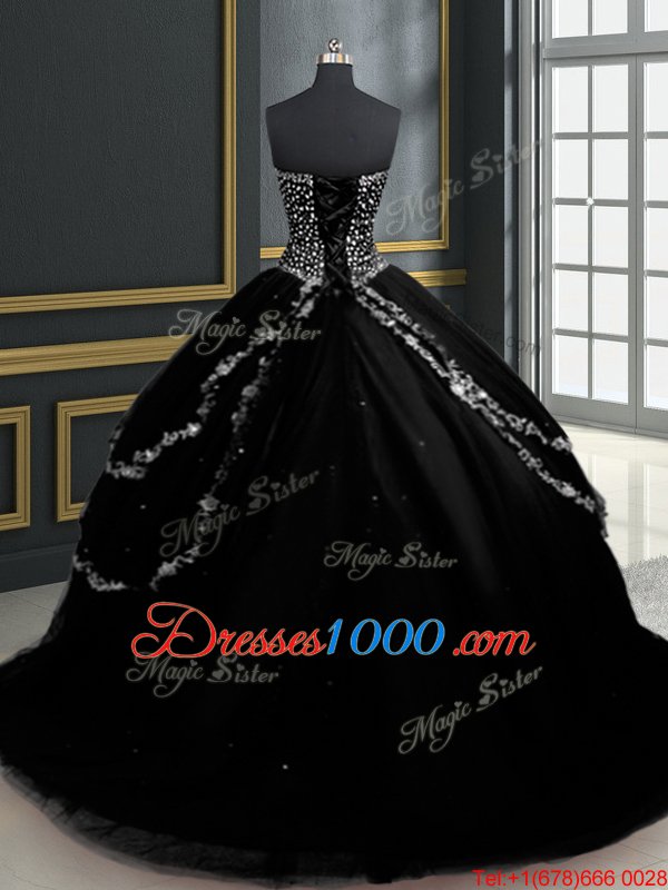 Custom Made Black Tulle Lace Up Sweetheart Sleeveless With Train Quinceanera Dress Brush Train Beading and Appliques
