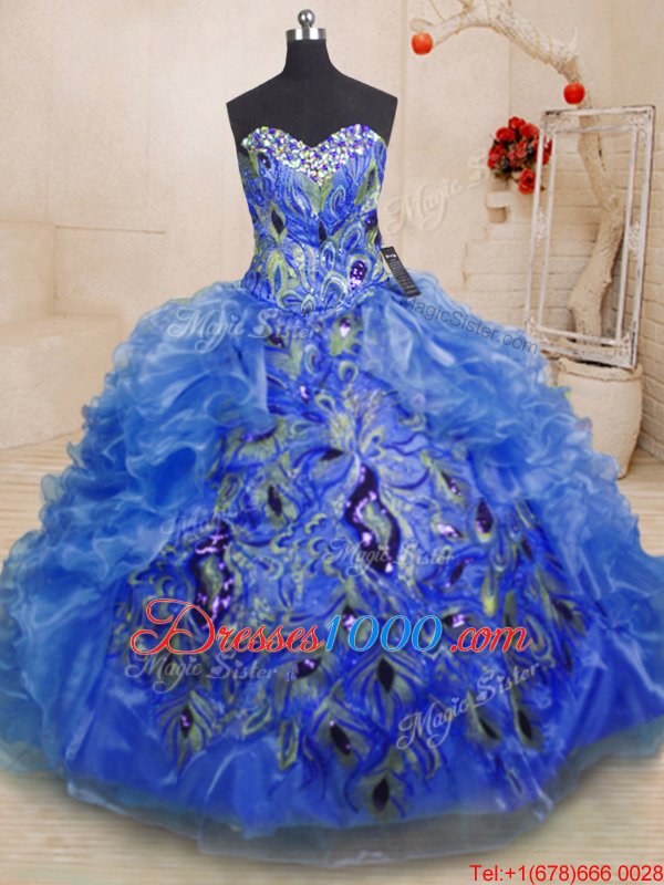 Trendy Blue Sleeveless Floor Length Beading and Appliques and Ruffles Zipper 15th Birthday Dress
