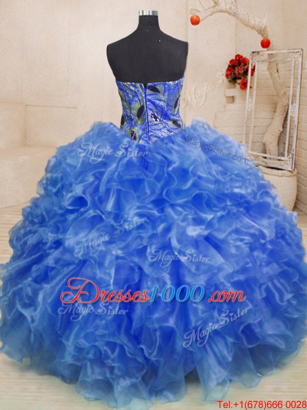Trendy Blue Sleeveless Floor Length Beading and Appliques and Ruffles Zipper 15th Birthday Dress