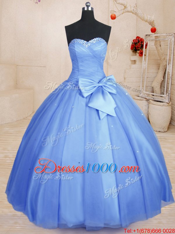 Light Blue Tulle Lace Up Sweetheart Sleeveless Floor Length Quince Ball Gowns Beading and Bowknot