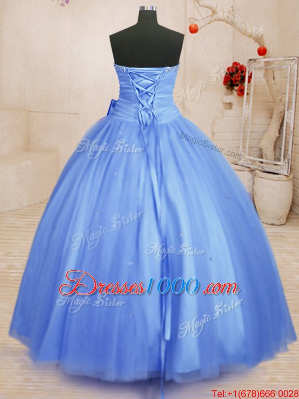 Light Blue Tulle Lace Up Sweetheart Sleeveless Floor Length Quince Ball Gowns Beading and Bowknot