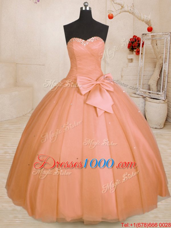 Fashionable Orange Sweetheart Lace Up Beading and Bowknot Quince Ball Gowns Sleeveless
