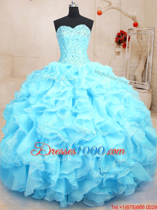 Baby Blue Lace Up Sweetheart Beading and Ruffles Ball Gown Prom Dress Organza Sleeveless