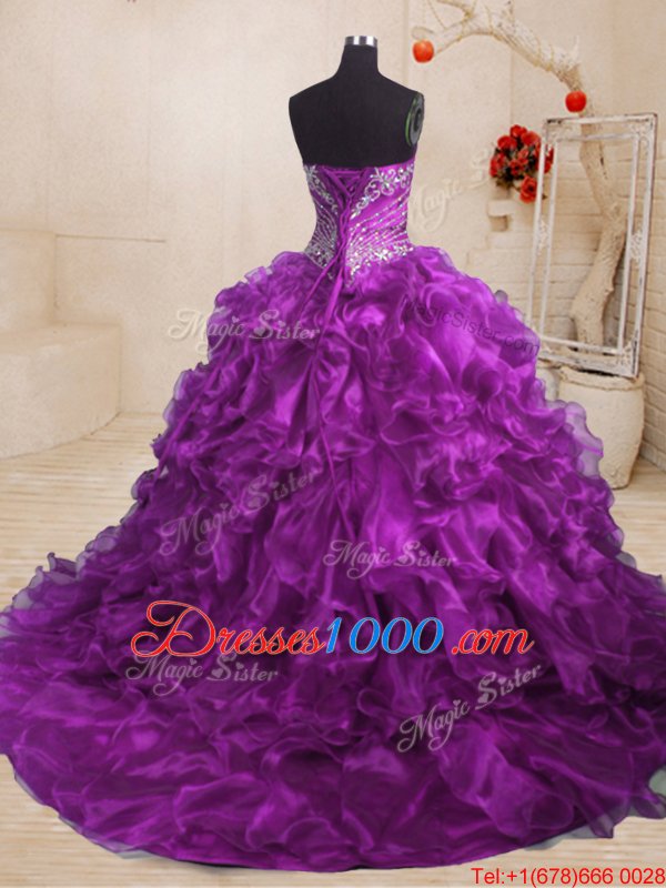 Clearance Purple Sleeveless Organza Sweep Train Lace Up Quinceanera Gown for Military Ball and Sweet 16 and Quinceanera