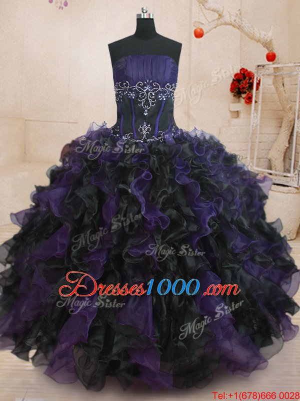 Black And Purple Quinceanera Dress Military Ball and Sweet 16 and Quinceanera and For with Beading and Ruffles Strapless Sleeveless Lace Up