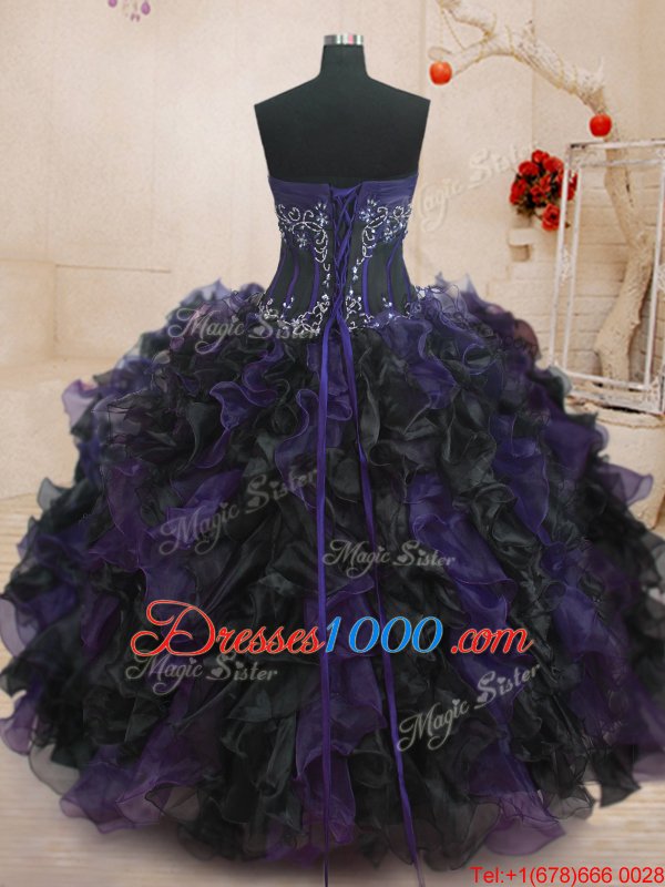 Black And Purple Quinceanera Dress Military Ball and Sweet 16 and Quinceanera and For with Beading and Ruffles Strapless Sleeveless Lace Up