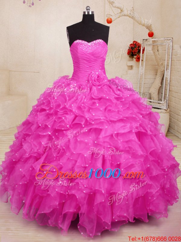 Simple Hot Pink Sleeveless Beading and Ruffles and Hand Made Flower Floor Length Sweet 16 Dresses