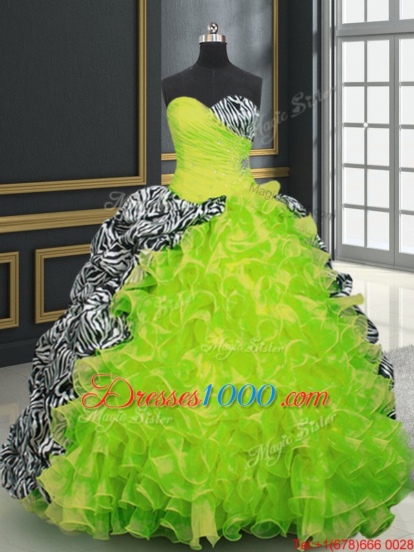 Discount Printed Yellow Green Sleeveless With Train Beading and Ruffles and Pattern Lace Up Sweet 16 Quinceanera Dress