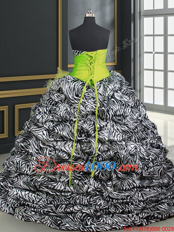 Discount Printed Yellow Green Sleeveless With Train Beading and Ruffles and Pattern Lace Up Sweet 16 Quinceanera Dress